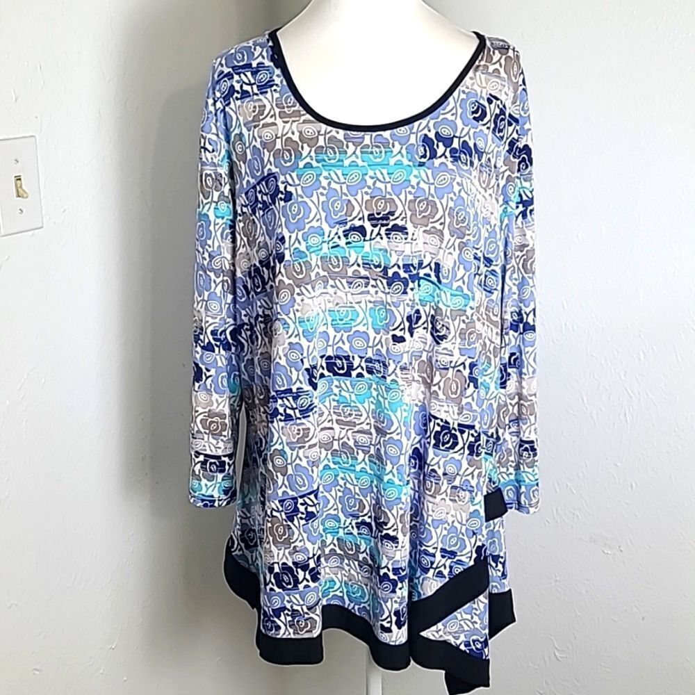 Fashion Caribe Blues & Teal Swing Tunic Top with Black Trim, Size 2X